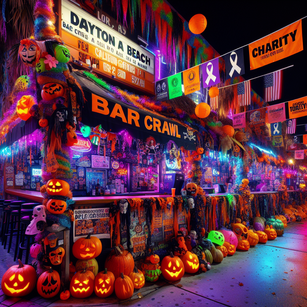 Experience the vibrant and spooky atmosphere of Daytona Beach during the Halfway to Halloween Bar Crawl, rain or shine, where festive decorations and charity spirit fill the streets.